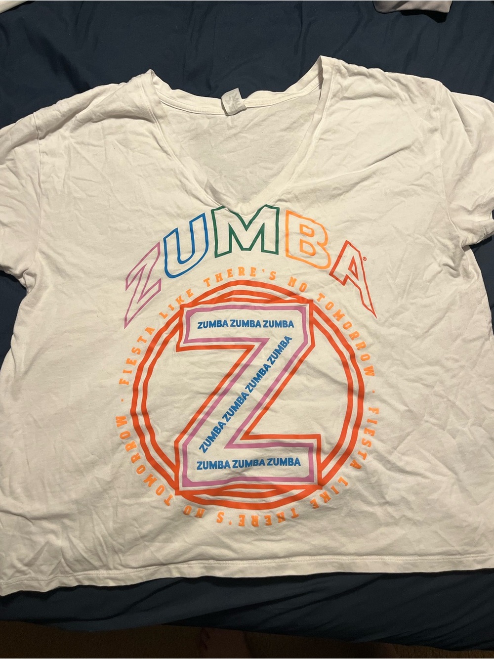 Zumba Fitness White V-Neck Tee with Multicolor Logo